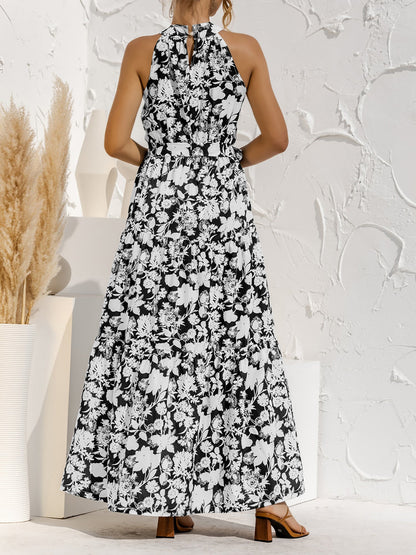 Floral Halter Sleeveless Tiered Maxi Dress