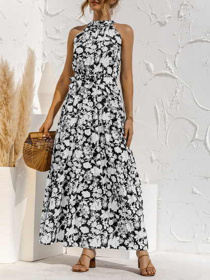 Floral Halter Sleeveless Tiered Maxi Dress