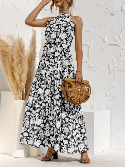 Floral Halter Sleeveless Tiered Maxi Dress