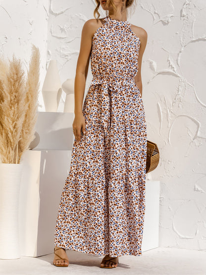 Floral Halter Sleeveless Tiered Maxi Dress
