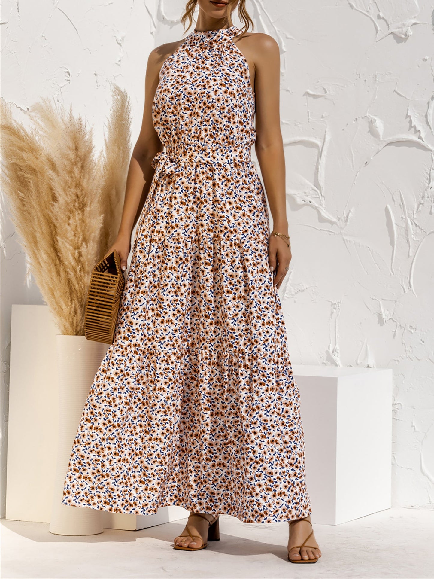 Floral Halter Sleeveless Tiered Maxi Dress