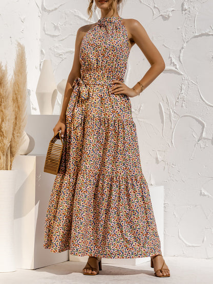 Floral Halter Sleeveless Tiered Maxi Dress