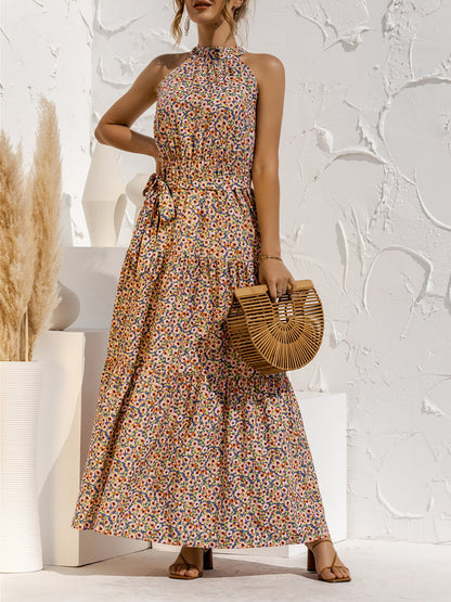 Floral Halter Sleeveless Tiered Maxi Dress
