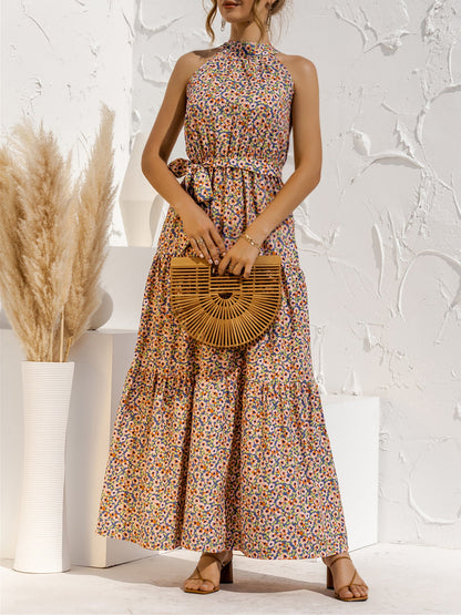 Floral Halter Sleeveless Tiered Maxi Dress