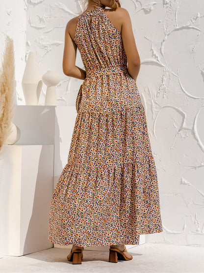Floral Halter Sleeveless Tiered Maxi Dress