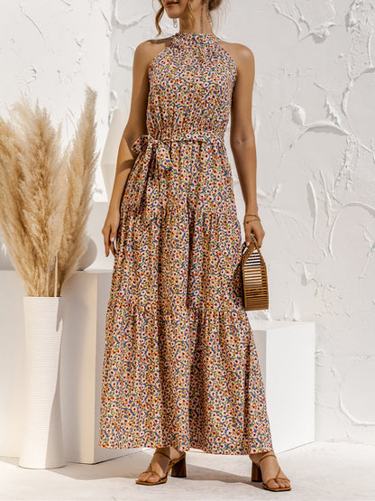 Floral Halter Sleeveless Tiered Maxi Dress