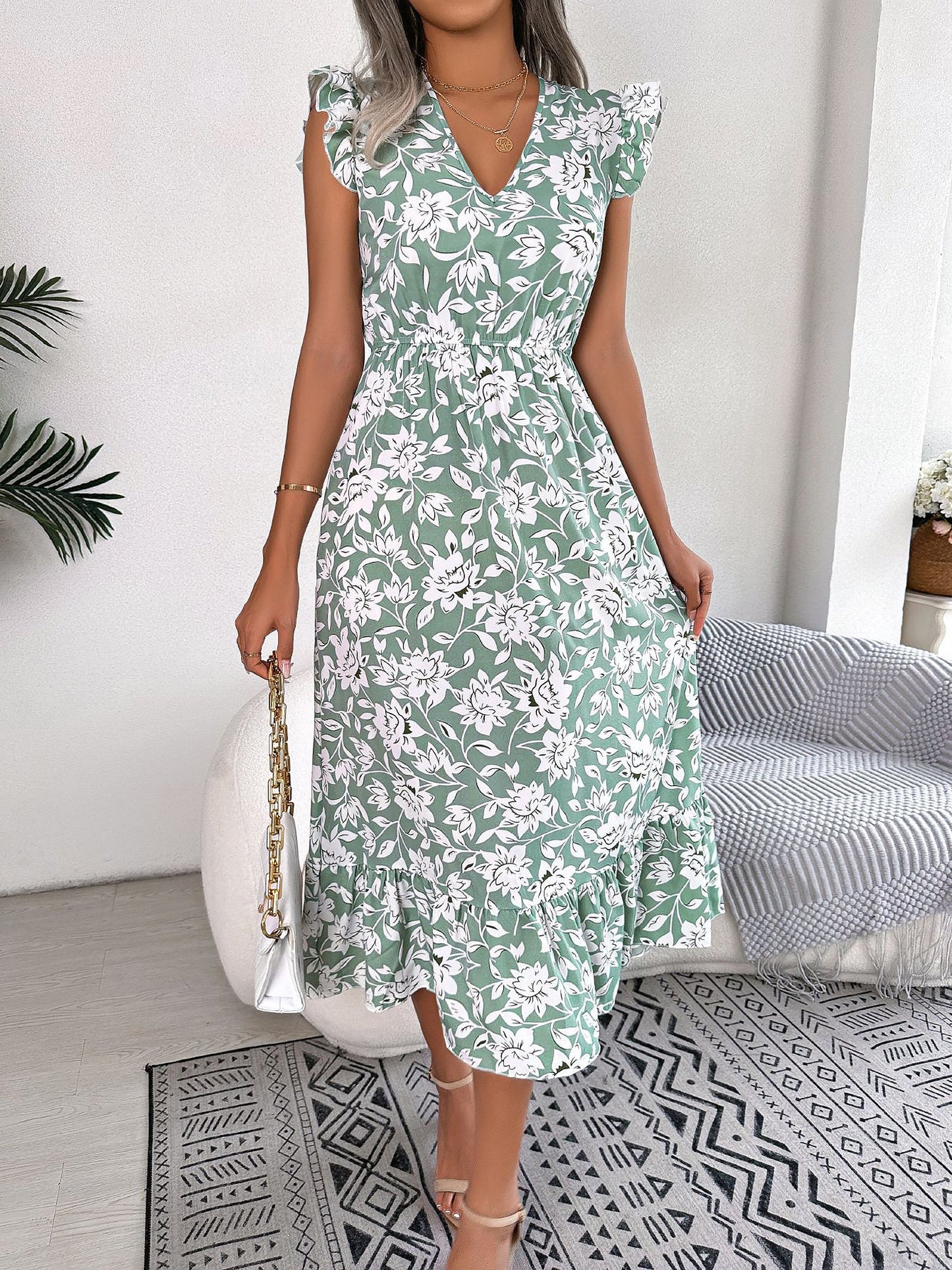 Floral Ruffled Cap Sleeves A-Line Midi Dress