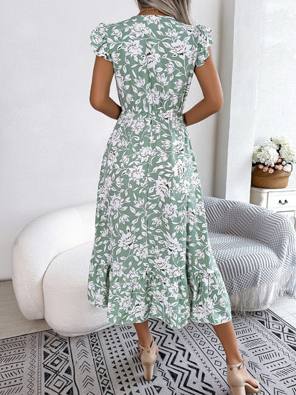 Floral Ruffled Cap Sleeves A-Line Midi Dress