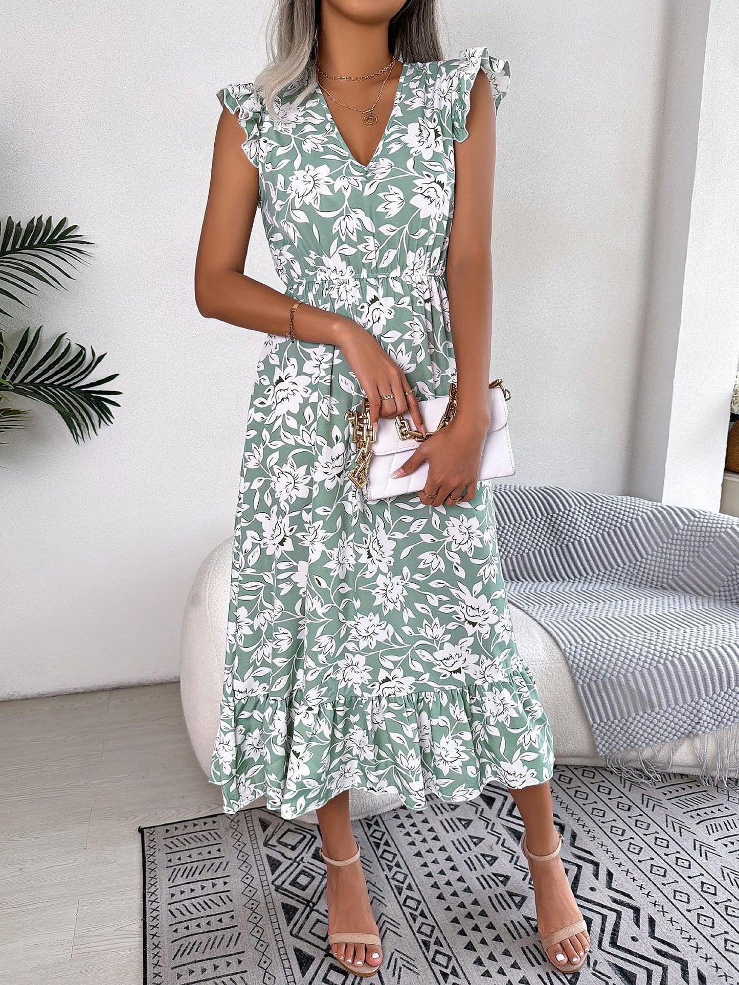 Floral Ruffled Cap Sleeves A-Line Midi Dress
