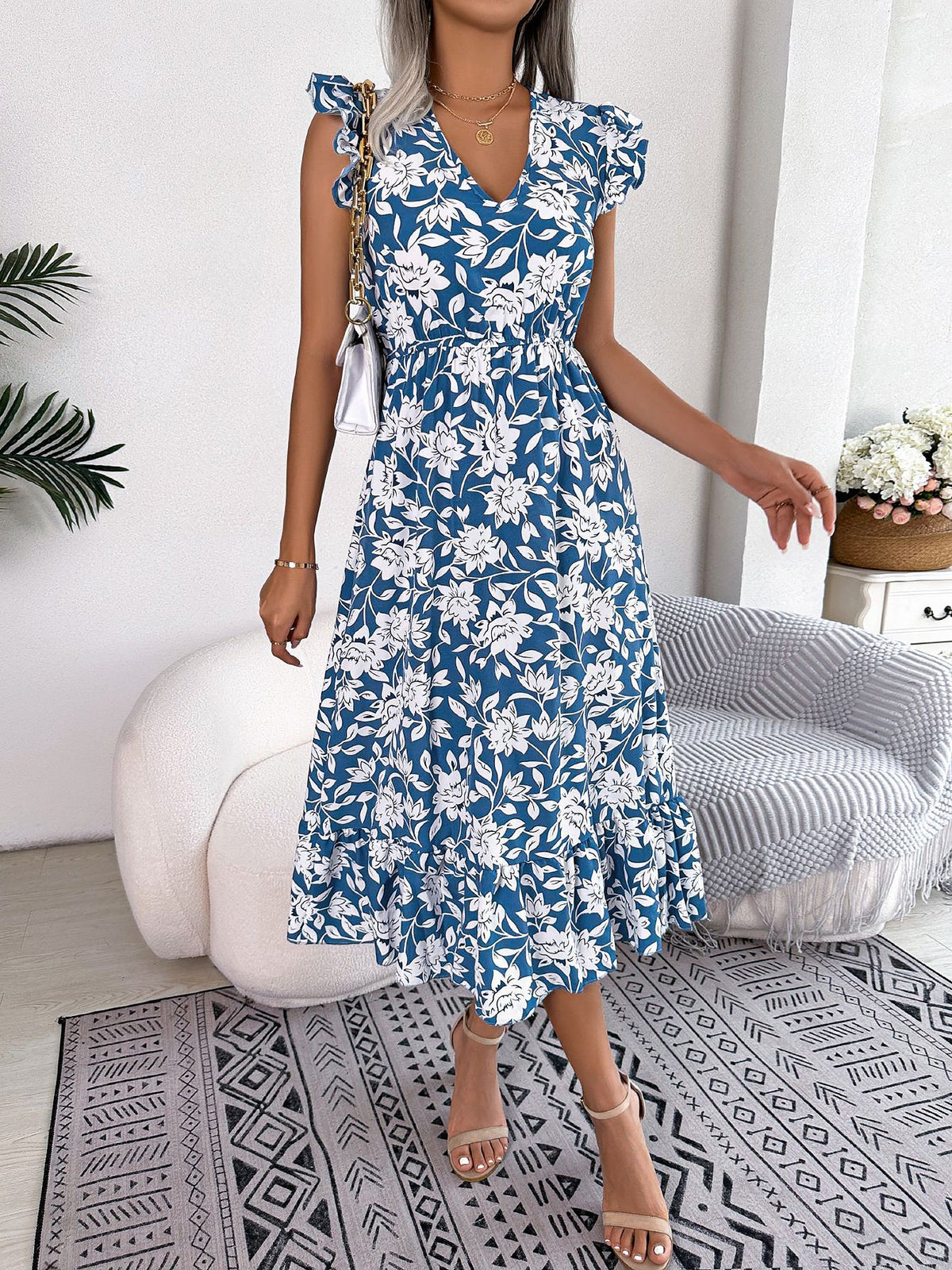 Floral Ruffled Cap Sleeves A-Line Midi Dress