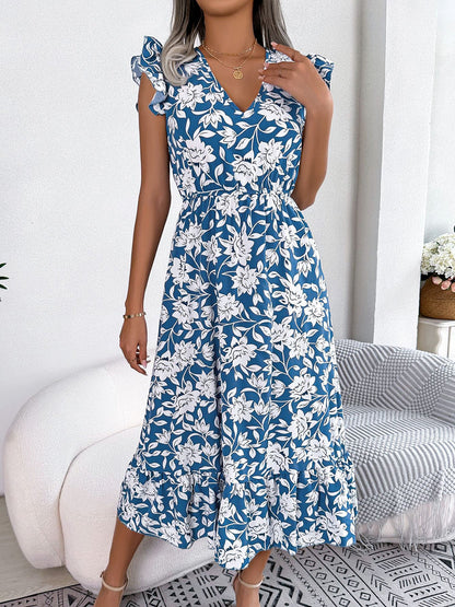 Floral Ruffled Cap Sleeves A-Line Midi Dress