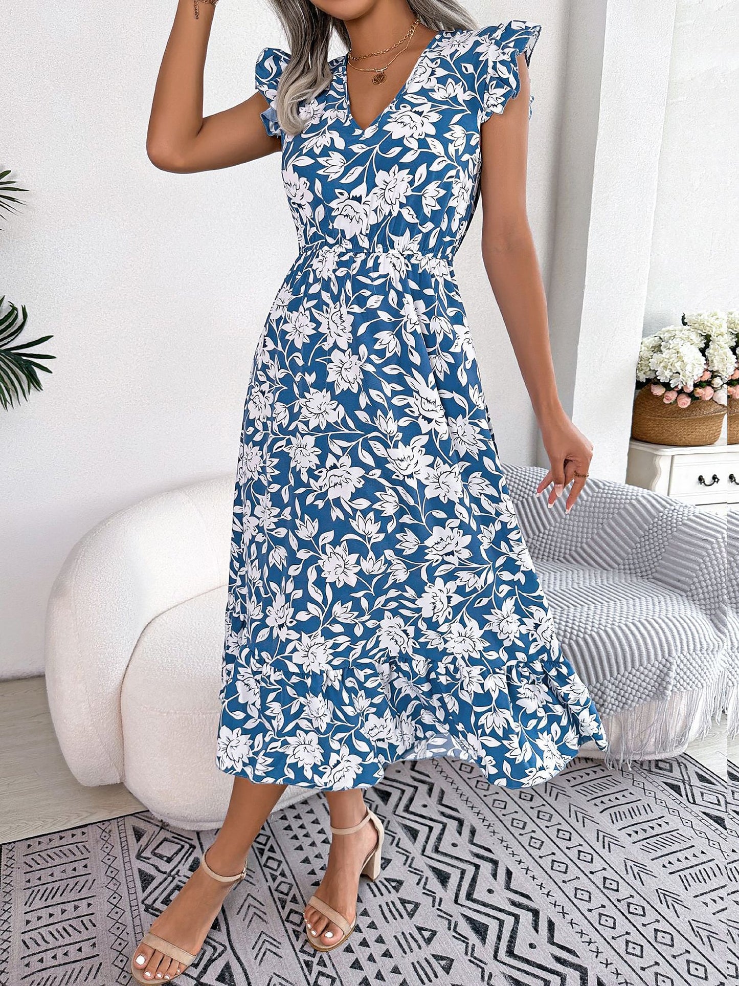 Floral Ruffled Cap Sleeves A-Line Midi Dress