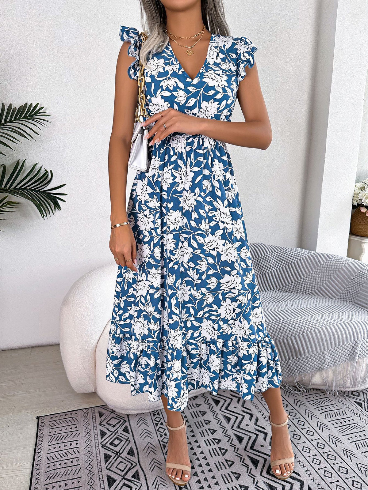 Floral Ruffled Cap Sleeves A-Line Midi Dress
