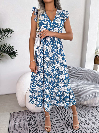 Floral Ruffled Cap Sleeves A-Line Midi Dress