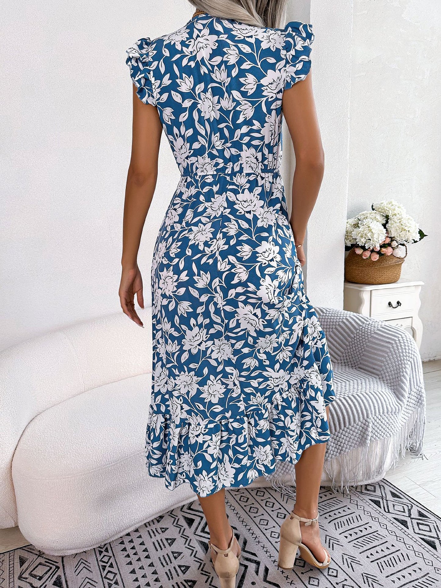 Floral Ruffled Cap Sleeves A-Line Midi Dress