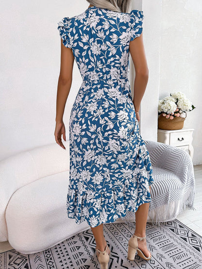 Floral Ruffled Cap Sleeves A-Line Midi Dress