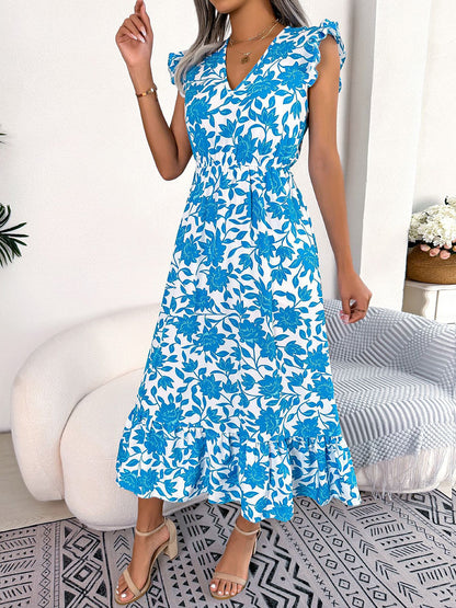 Floral Ruffled Cap Sleeves A-Line Midi Dress