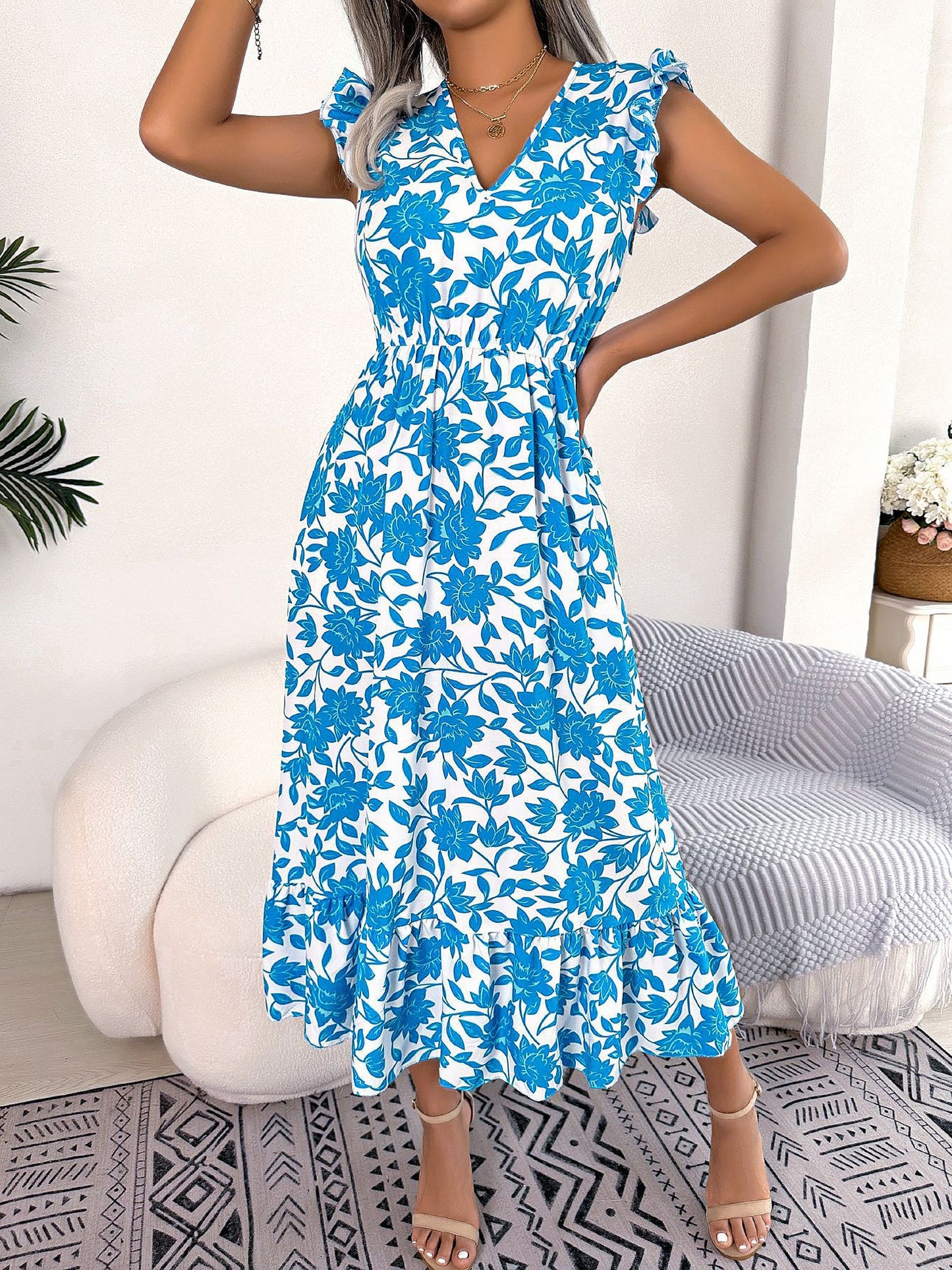 Floral Ruffled Cap Sleeves A-Line Midi Dress