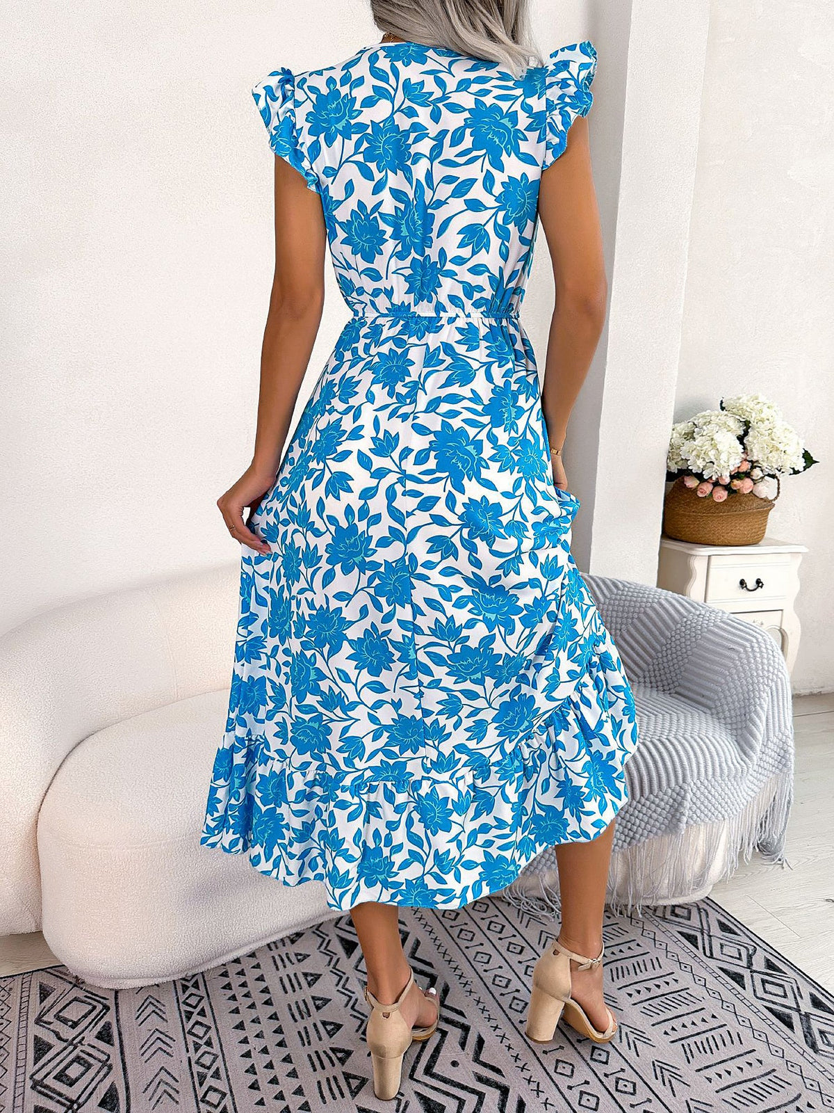 Floral Ruffled Cap Sleeves A-Line Midi Dress