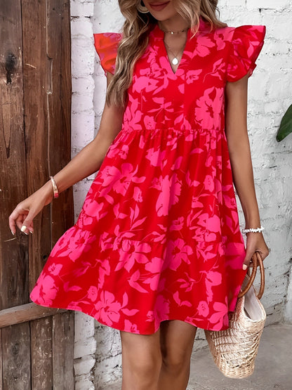 Ruffled Cap Sleeves Floral Mini Babydoll Dress