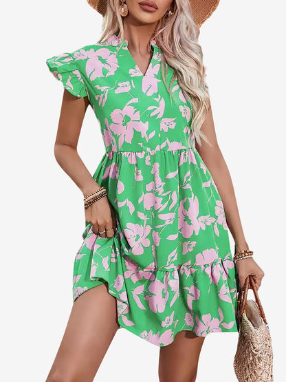 Ruffled Cap Sleeves Floral Mini Babydoll Dress