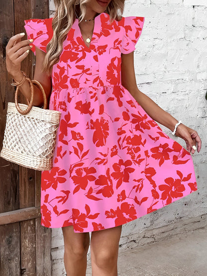 Ruffled Cap Sleeves Floral Mini Babydoll Dress