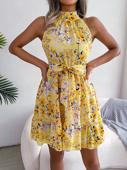 Floral Halter Neck Tie Waist A-Line Mini Dress