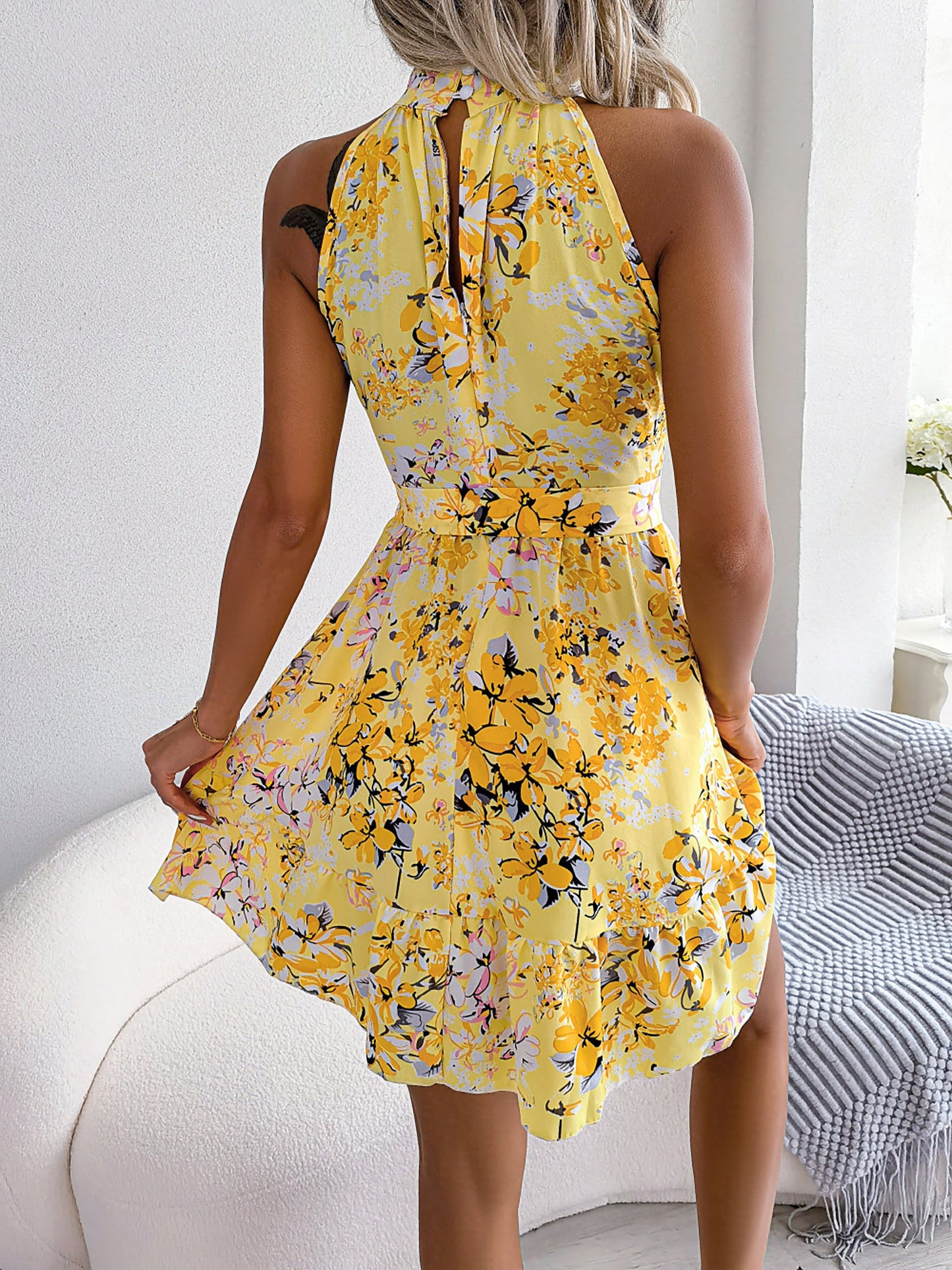 Floral Halter Neck Tie Waist A-Line Mini Dress