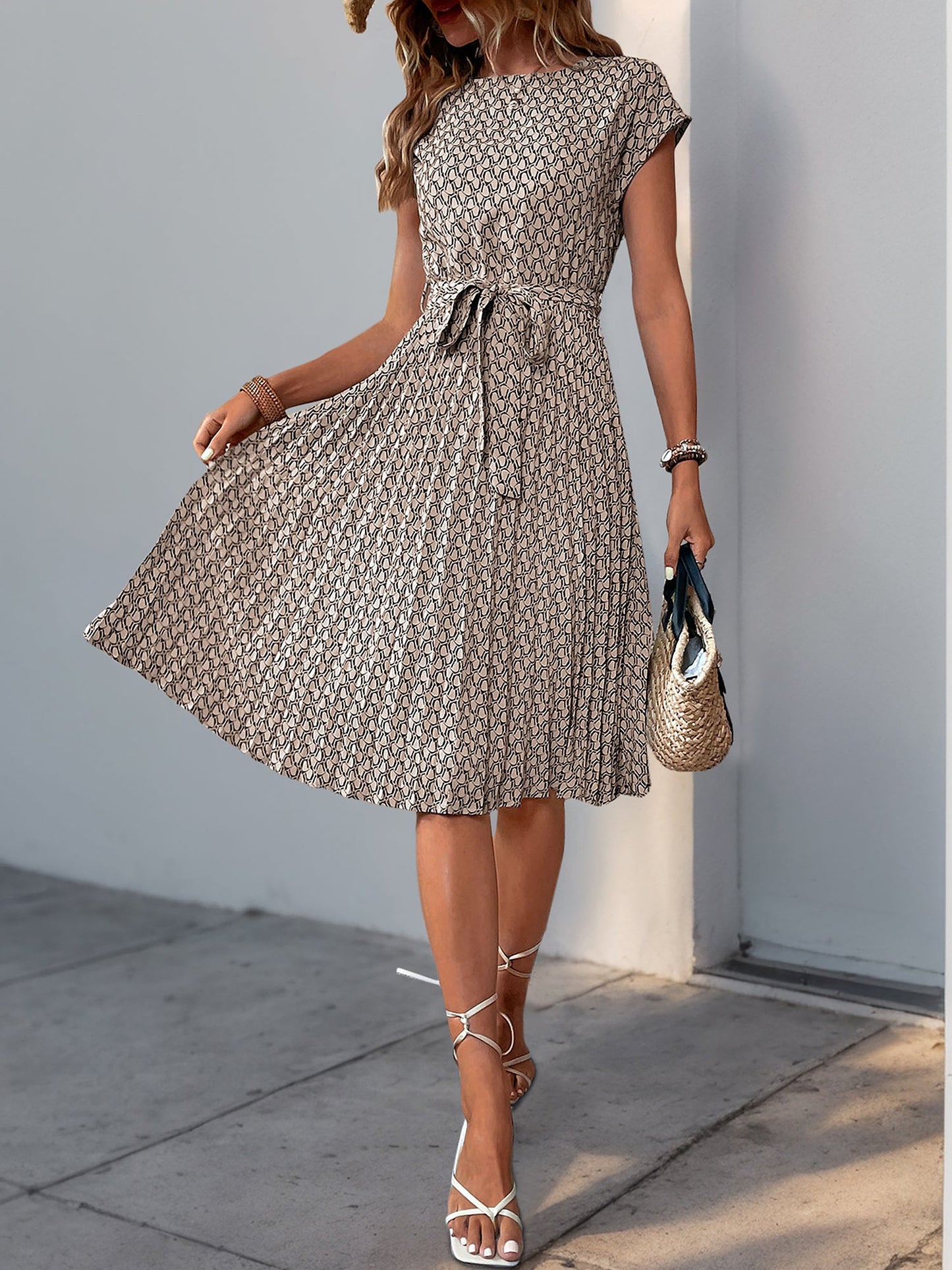 Graphic Print Cap Sleeves Pleated Midi Dress