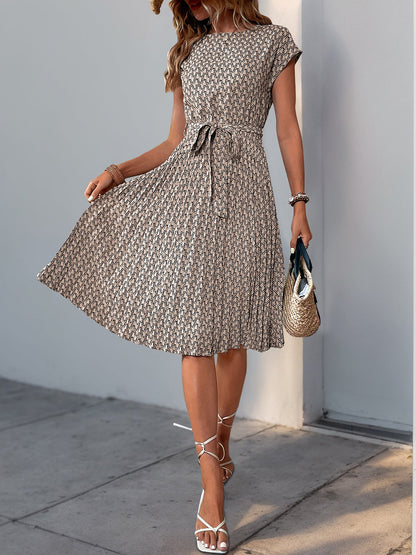 Graphic Print Cap Sleeves Pleated Midi Dress
