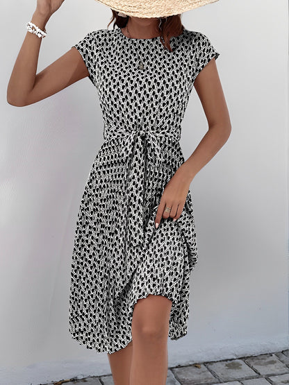 Graphic Print Cap Sleeves Pleated Midi Dress