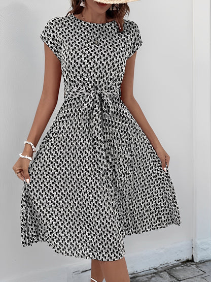 Graphic Print Cap Sleeves Pleated Midi Dress