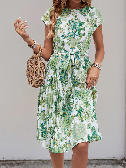 Graphic Print Cap Sleeves Pleated Midi Dress