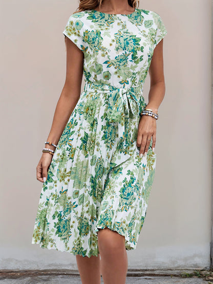 Graphic Print Cap Sleeves Pleated Midi Dress
