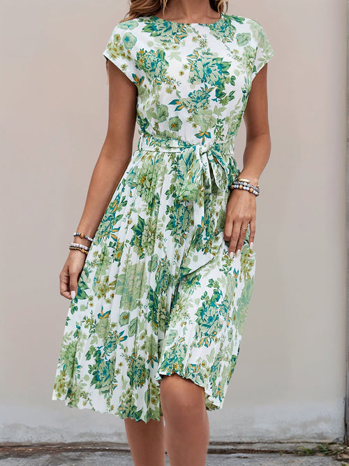 Graphic Print Cap Sleeves Pleated Midi Dress