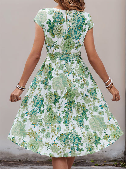 Graphic Print Cap Sleeves Pleated Midi Dress