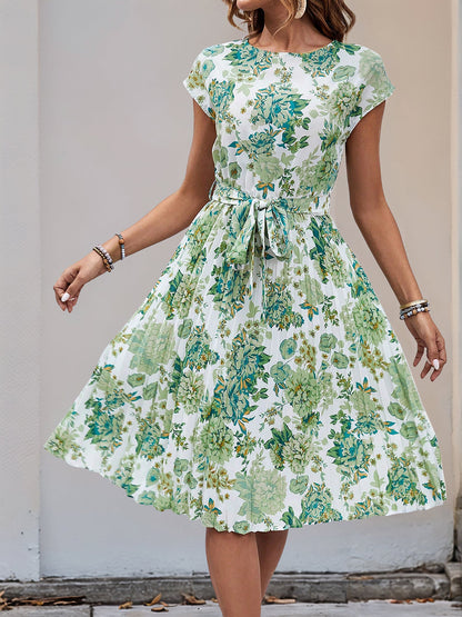 Graphic Print Cap Sleeves Pleated Midi Dress
