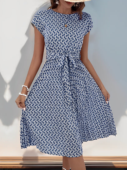 Graphic Print Cap Sleeves Pleated Midi Dress