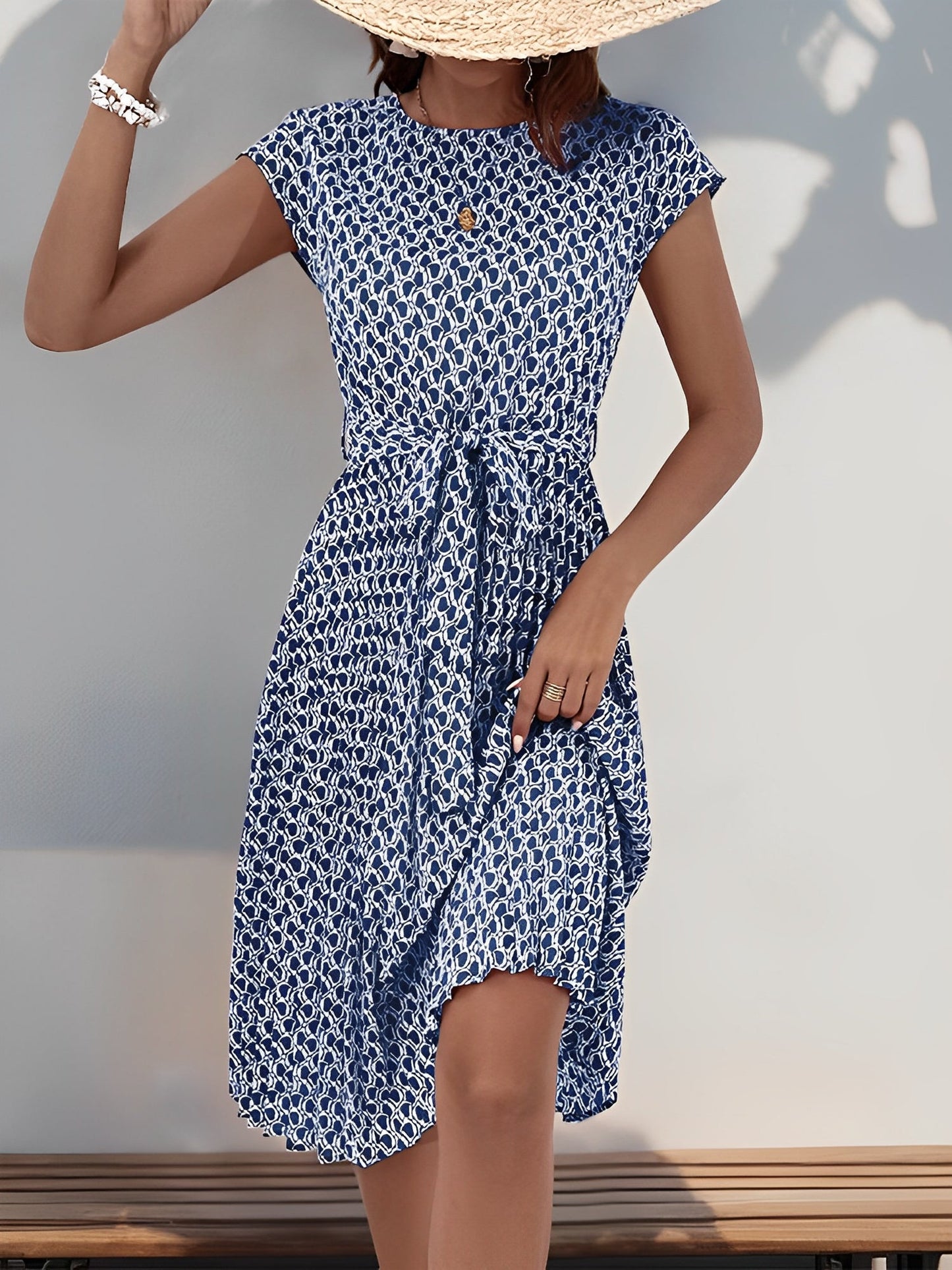 Graphic Print Cap Sleeves Pleated Midi Dress