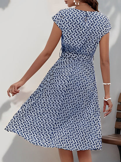 Graphic Print Cap Sleeves Pleated Midi Dress