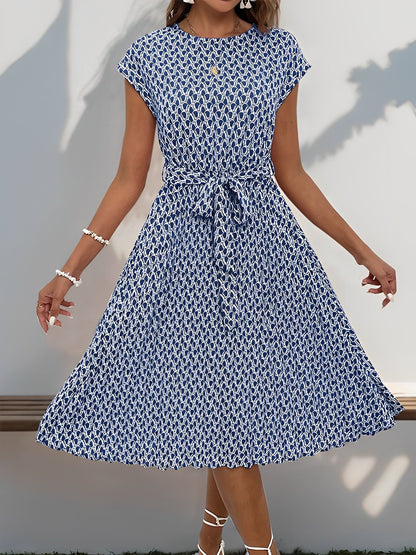 Graphic Print Cap Sleeves Pleated Midi Dress