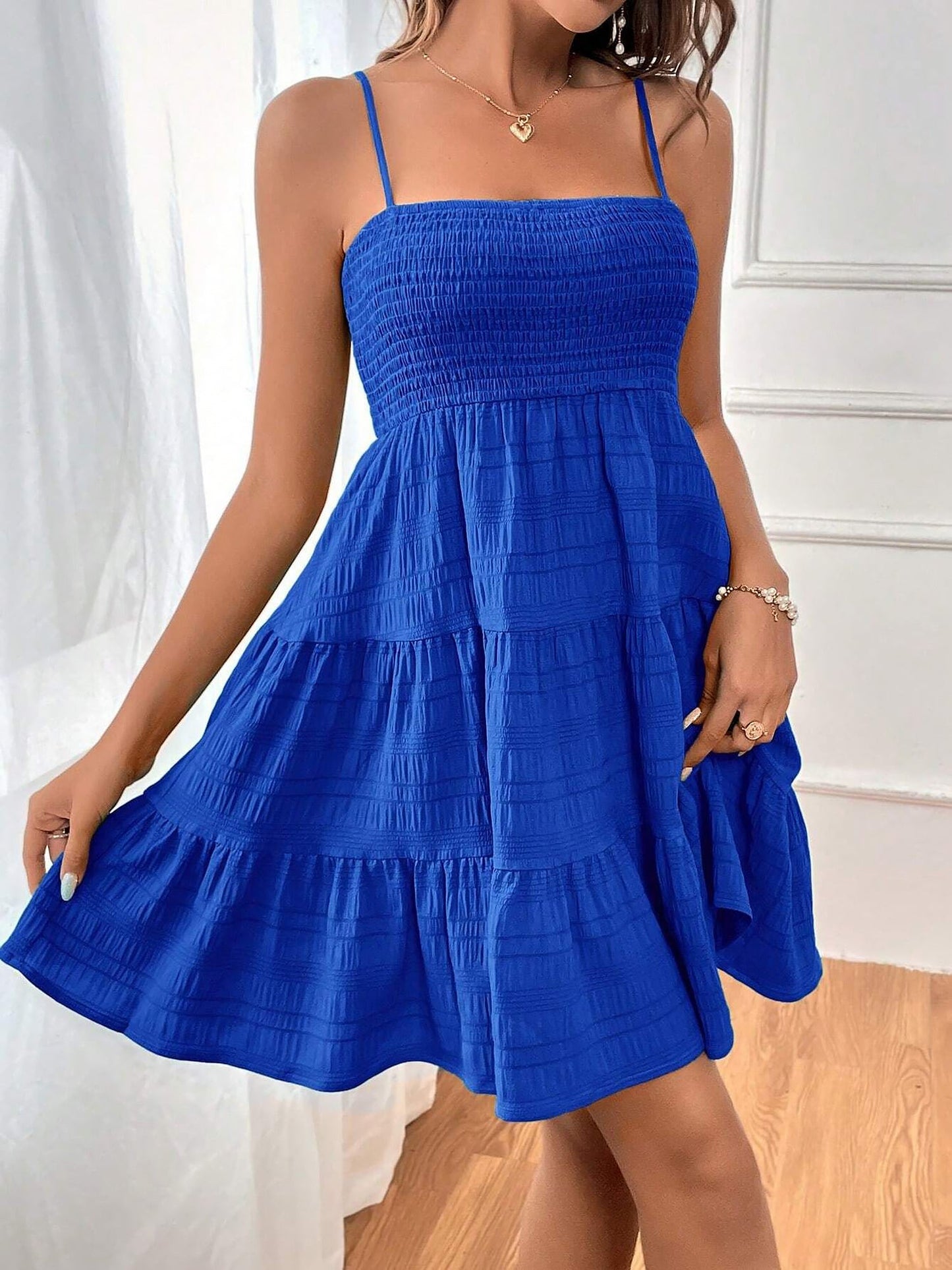 Spaghetti Strap Smocked Tiered Textured Dress