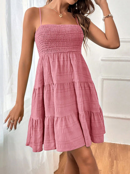 Spaghetti Strap Smocked Tiered Textured Dress