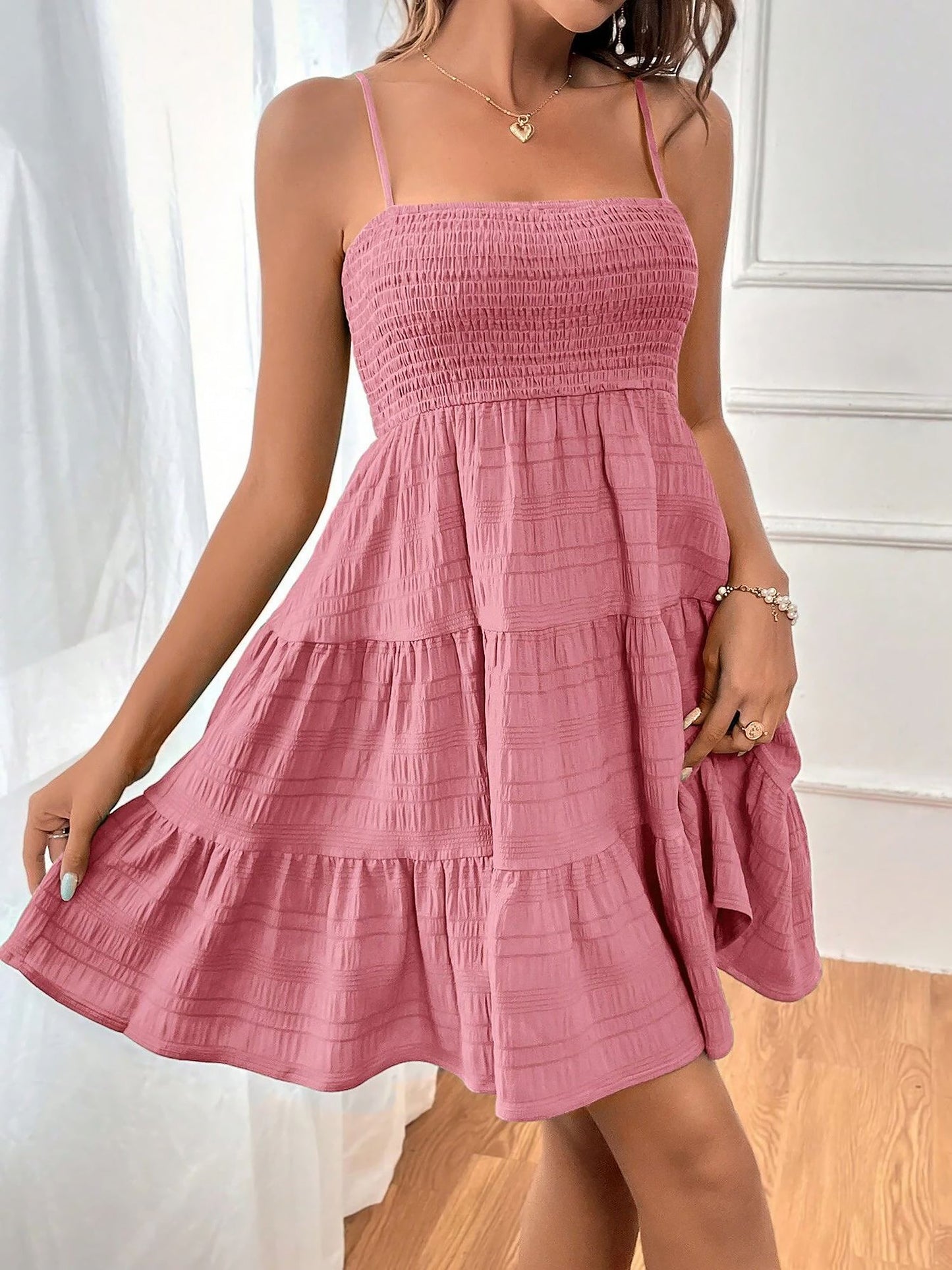 Spaghetti Strap Smocked Tiered Textured Dress