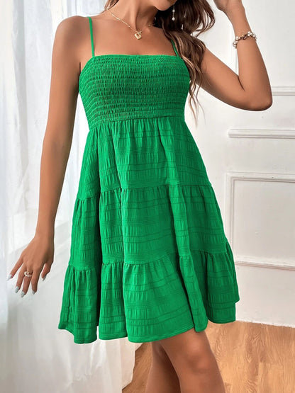 Spaghetti Strap Smocked Tiered Textured Dress