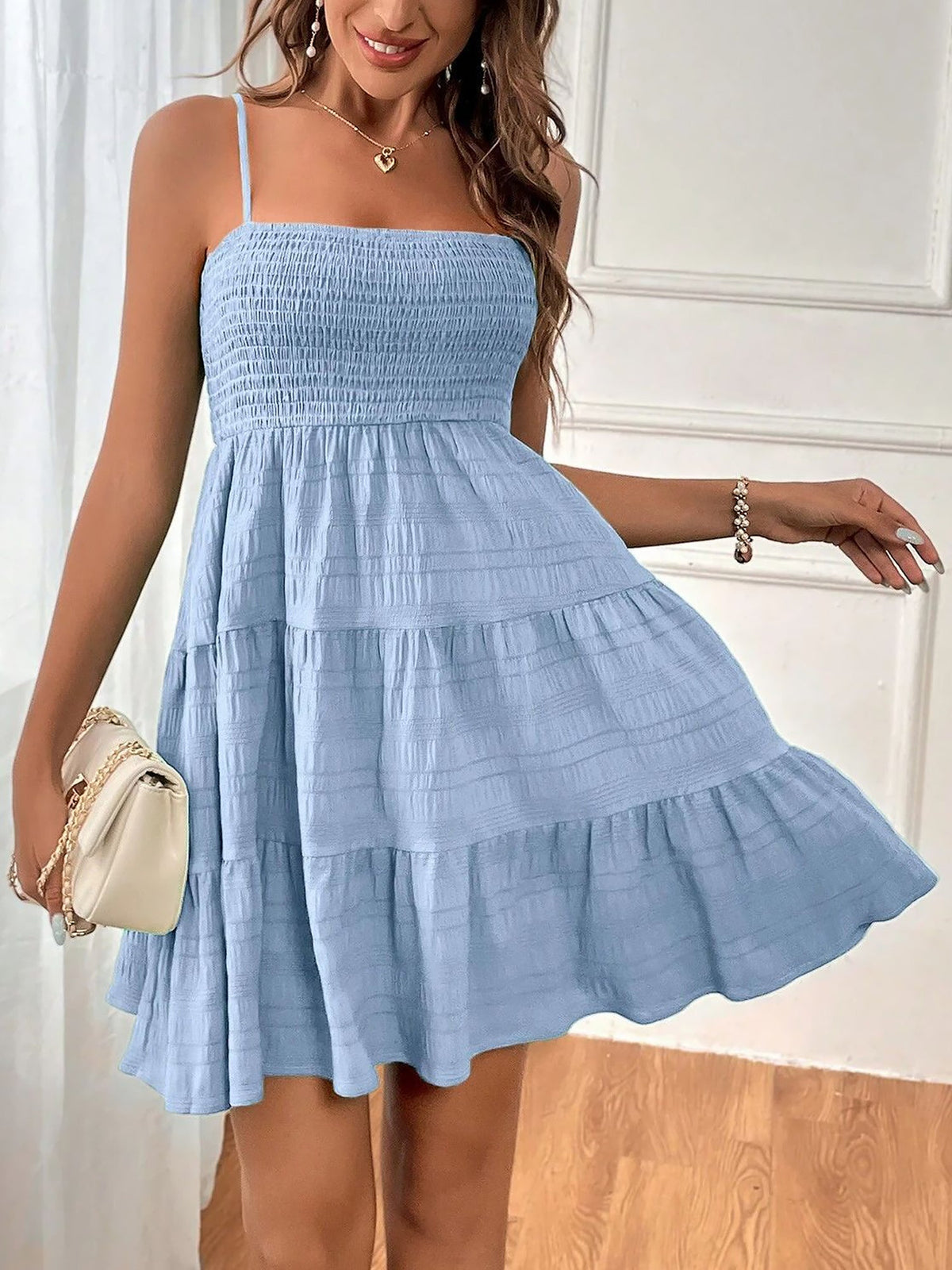 Spaghetti Strap Smocked Tiered Textured Dress