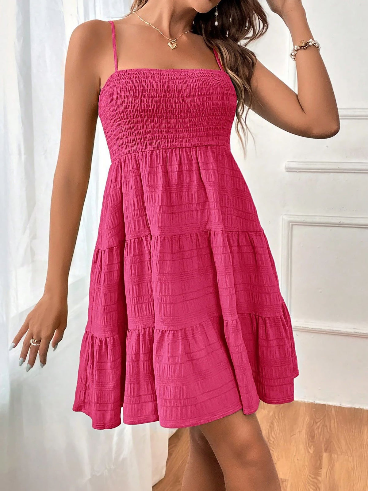 Spaghetti Strap Smocked Tiered Textured Dress