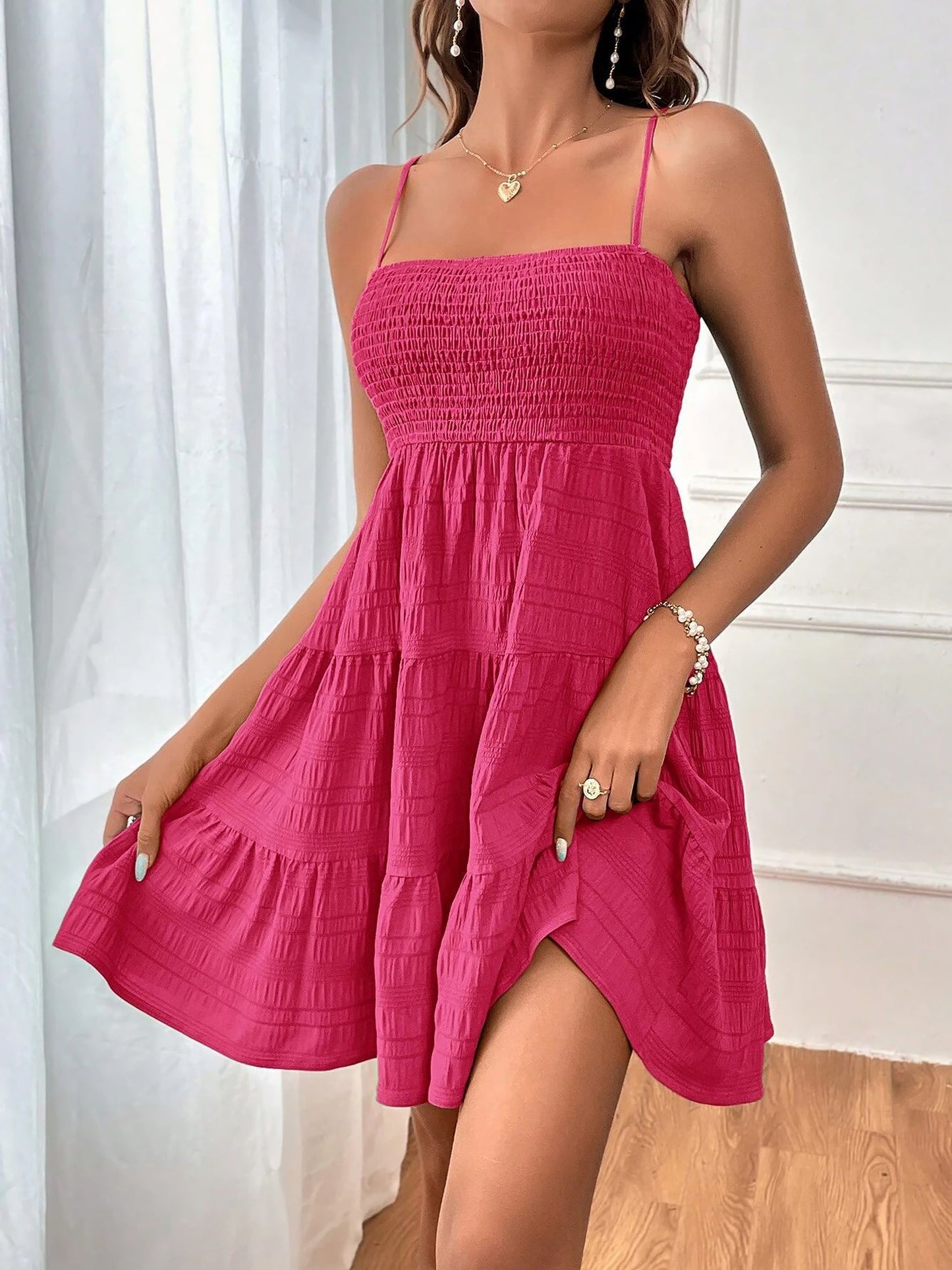 Spaghetti Strap Smocked Tiered Textured Dress