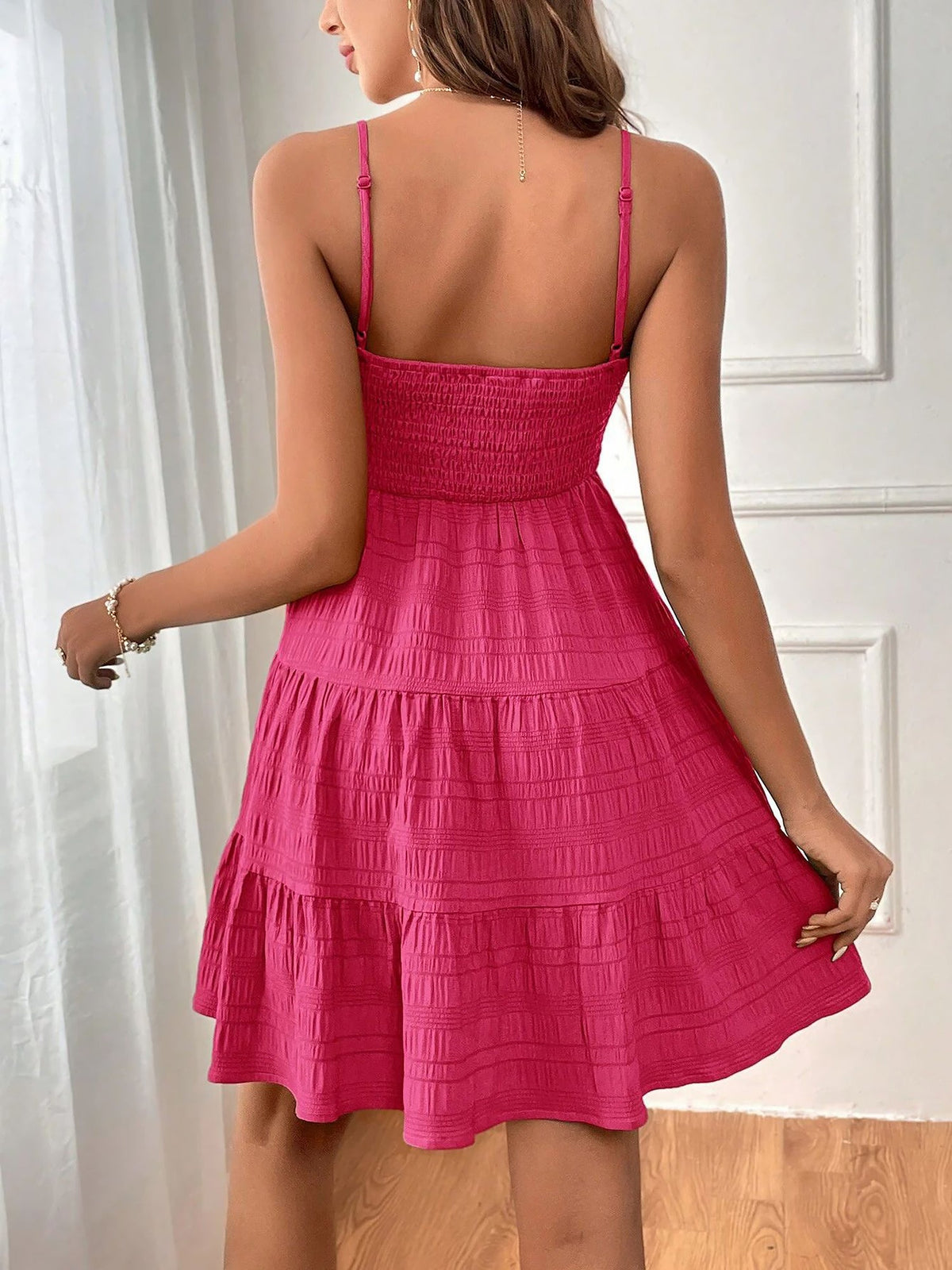 Spaghetti Strap Smocked Tiered Textured Dress