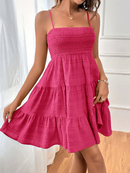 Spaghetti Strap Smocked Tiered Textured Dress